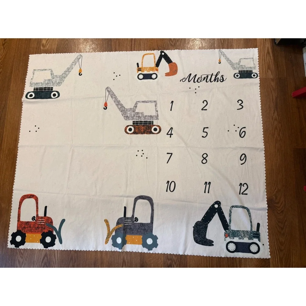 Unbranded Milestone Mat Kids OS White Construction Truck Scalloped Edge Blanket